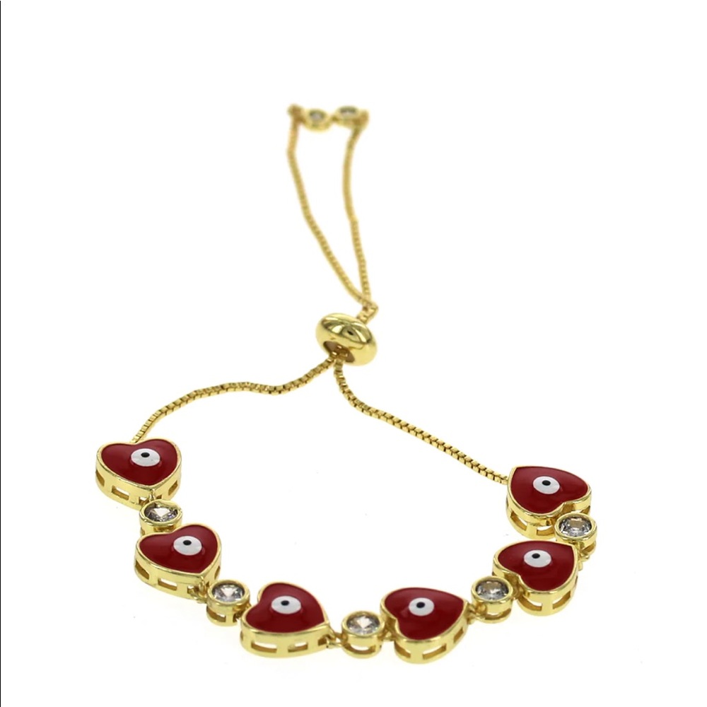 Plated Gold Red Heart Evil Eye Adjustable Bracelet - Picture 2 of 3